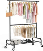 Abiglifty 2 Tier Clothes Rcks for Hanging Clothes, Heavy-Duty Clothing Rack with Wheels,150LBS Capacity, 42" W X15 D X 77" H Garment Rack with Bottom Shelf, for Bedroom, Living Room, Black