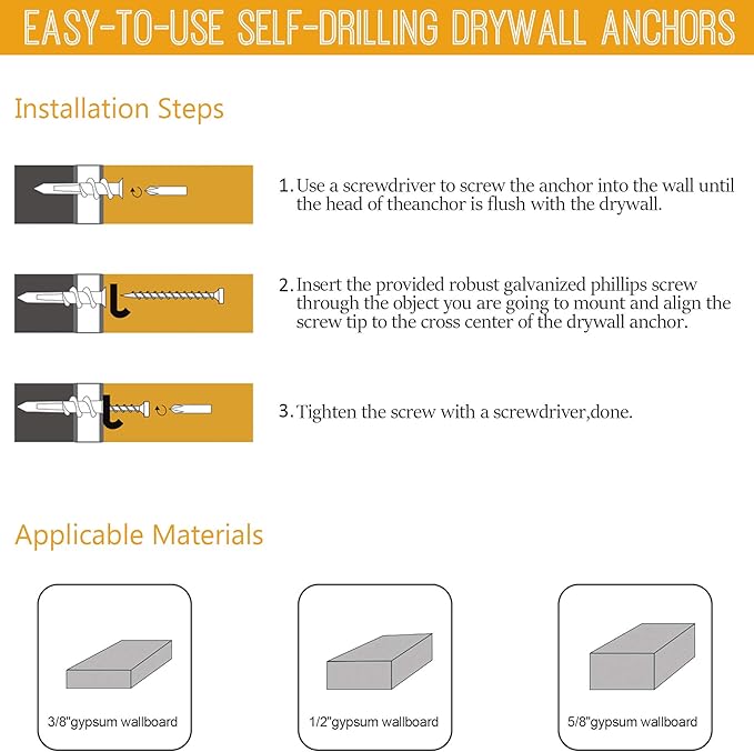 KURUI #8 Zinc Self-Drilling Drywall Anchors, 60PCs Hollow Metal Wall Anchors and Screws Kit, 30 Heavy Duty Anchors + 30#8 x 1-1/4'' Screws, 75LB Hanging and Mounting