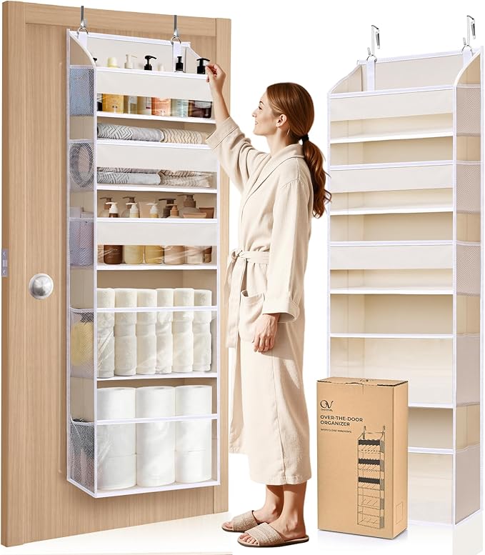 5 Tiers Over Door Organizer with 10 Mesh Side Pockets, 50 lbs Weight Capacity Hanging Storage Organizer with Clear Window Kids Toys, Shoes, Diapers, Beige