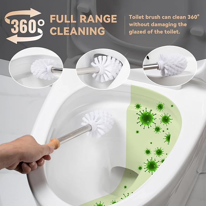 White Toilet Brush and Holder Set - Ceramic Bathroom Toilet Scrubber Brush Organizer with Cleaner Brush Kit with Detachable Brush Head & Natural Wood Handle, Toilet Brush & Cute Duck Design