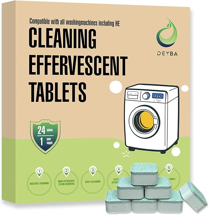 DEYBA Washing Machine Cleaner Tablets – Instant Foaming, Fast Dissolve, Eco-Friendly Odor Removal, Deep Cleaning for HE Front & Top Load, 24 Tablets