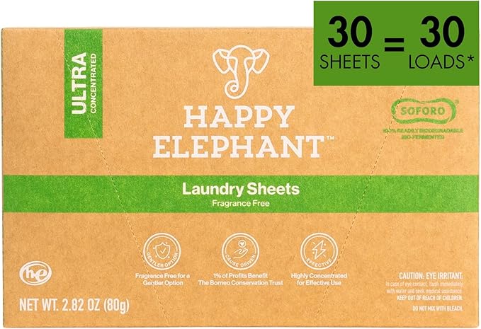 Happy Elephant Laundry Detergent Sheets, Fragrance Free, Natural Biodegradable Laundry Sheets, Plant Based, Tough on Stains, Gentle on Skin, Compatible with HE & Any Washing Machine, 30 Sheet, 1 Pack
