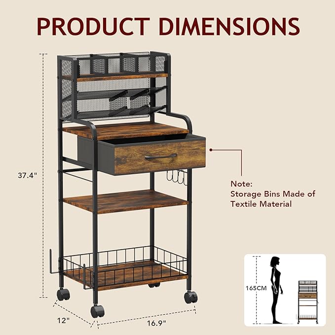 Art cart, 3 Tier Rolling Cart - Utility Cart with Storage Drawer and Wheels, Versatile Art & Craft Organizer for Home, Office, or Studio Ideal for Storing Brushes, Paints （Brown）