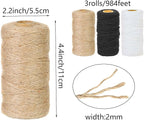 Cotton Twine Natural Jute 2mm Packing 984 Feet Bakers Kraft Butchers Baking Gardening Twine for Gift Wrapping Arts Crafts Party Decorations(Brown Black White)