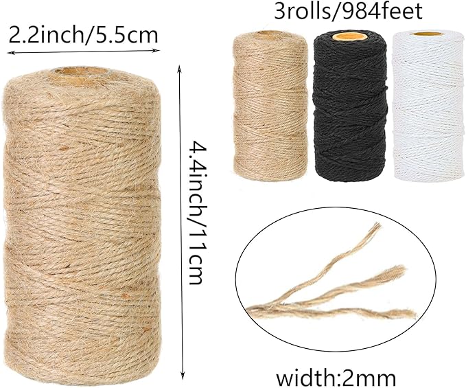 Cotton Twine Natural Jute 2mm Packing 984 Feet Bakers Kraft Butchers Baking Gardening Twine for Gift Wrapping Arts Crafts Party Decorations(Brown Black White)