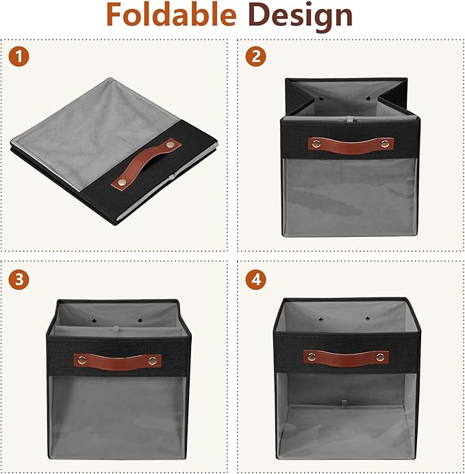 Storage Cube Organizer with Clear Window, Linen Collapsible Storage Boxes with PU Handles, Cube Storage Bins for Shelf, Closet, Cabinet, Bookcase (10.5x10.5x11, Black)