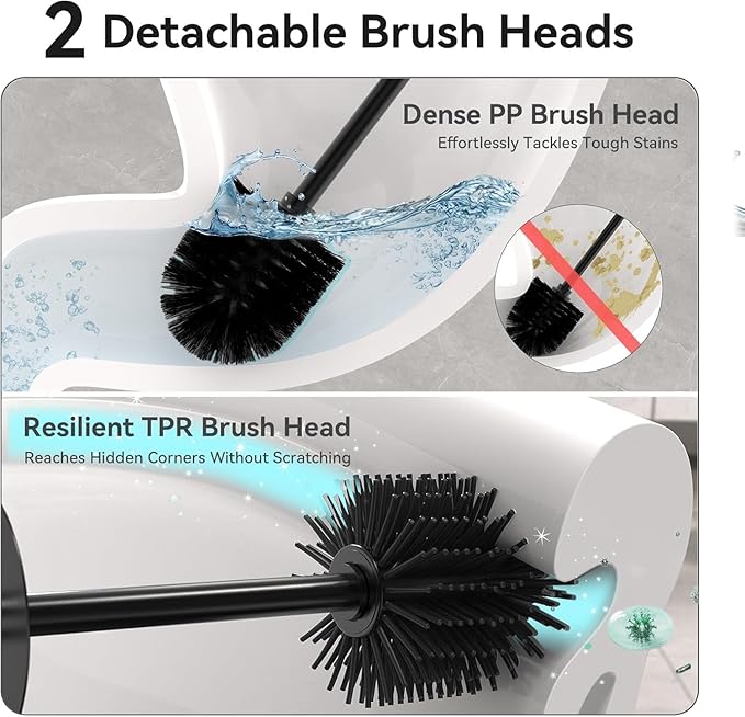 DOWRY Toilet Bowl Brush and Holder for Bathroom, Deep Cleaning Toilet Brush and Holder Set with Long Handle, Hidden Toilet Bowl Brush with Replaceable Head,Modern Decor Black Square 2PCS