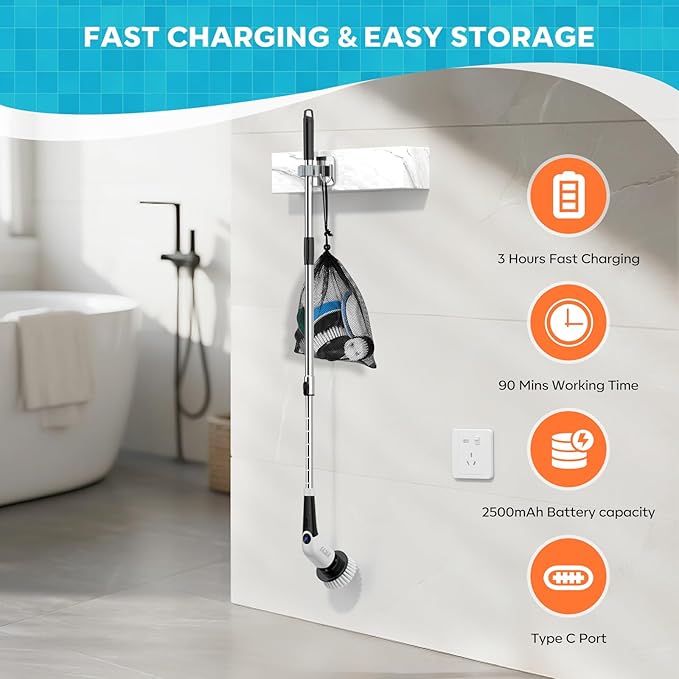 YKYI Electric Spin Scrubber,Cordless Cleaning Brush,Shower Cleaning Brush with 8 Replaceable Brush Heads, Power Scrubber 3 Adjustable Speeds,Adjustable & Detachable Long Handle,Voice Broadcast