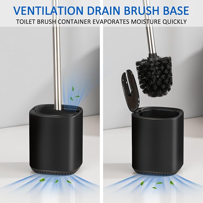 Toilet Bowl Brush and Holder, Toilet Brush with Stainless Steel Handle and Durable Bristles for Bathroom Cleaning, Automatic Closing Holder Set (Black)
