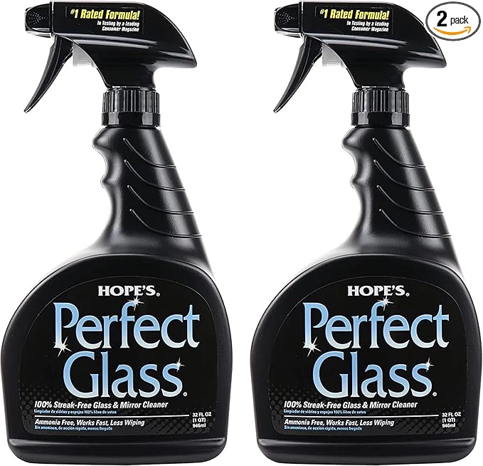 HOPE'S Perfect Glass Cleaner Spray, Streak-Free, Ammonia-Free Window, Mirror, Screen, Tinted Glass, and Shower Door Cleaner, Indoor and Outdoor Glass Surfaces, 32 Fl Oz, Pack of 2