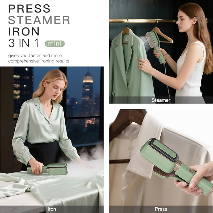 3-in-1 Small Travel Steamer for Clothes 180° Rotatable 1000W Handheld Steam Iron Press Portable Mini Fast 15s Heat-Up Leak-Proof & Anti-Drip Tech 60ml Tank with Measuring Cup for Hotel Home