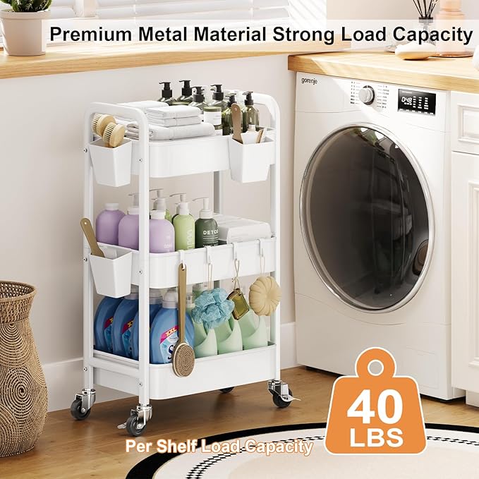 3 Tier Rolling Cart with Wheels, Metal Utility Storage Cart on Wheels, Craft Carts Organizer with Hanging Cups, Hooks, Three Tiered Rolling Carts for Bathroom, Laundry Room, Nursery, Office, White