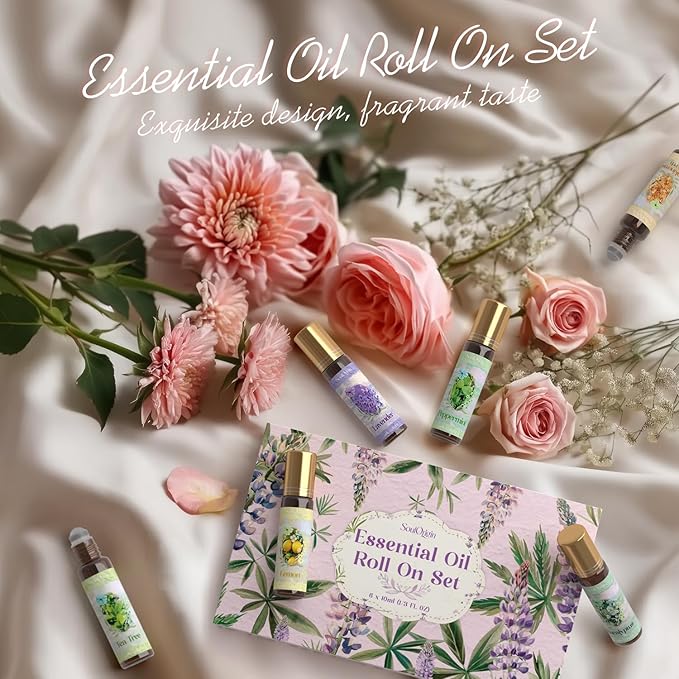 Essential Oil Roll On Set, Natural Aromatherapy Oils with Portable Roller Ball for Skin Care- Tea Tree, Frankincense & Myrrh, Lavender, Peppermint, Eucalyptus, Lemon - Gifts for Women & Men