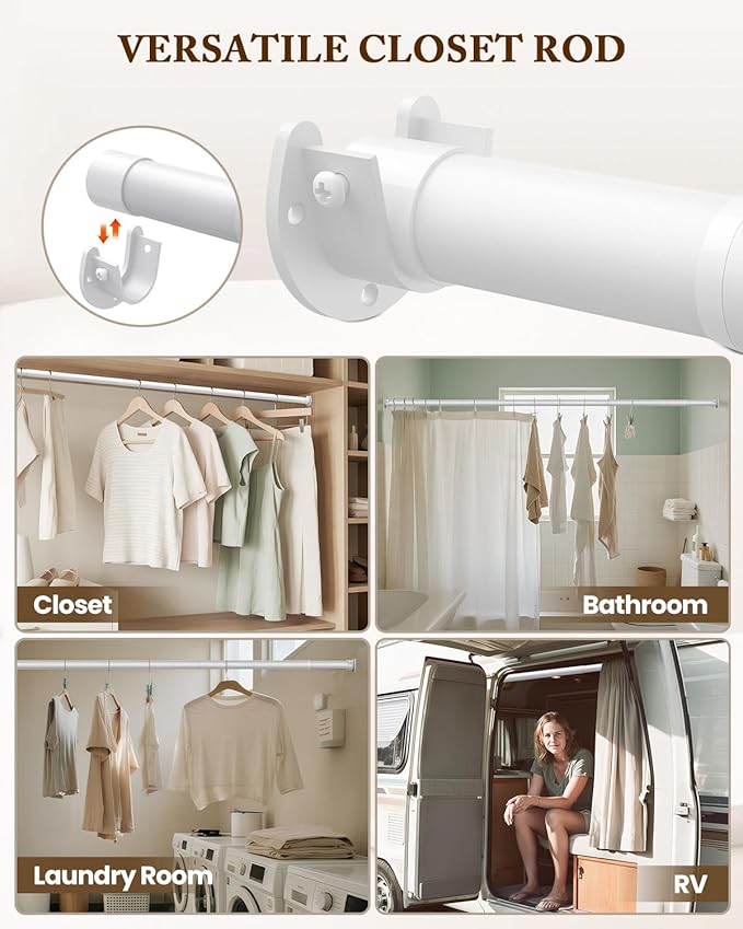 Closet Rod 17-54 IN, Heavy Duty Closet Rods for Hanging Clothes, Adjustable Closet Rods for Wardrobes Storage Laundry RV Bathroom, Easy Install, White