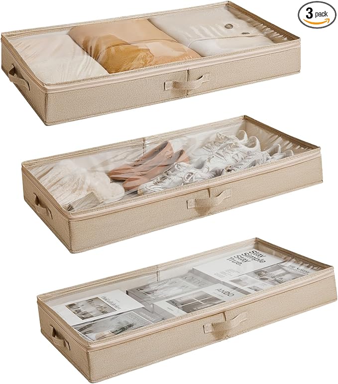 3 Pack Under Bed Storage Containers, Low Profile Underbed Shoes and Clothes Storage Organizer with Sturdy Sidewalls/Bottom, Large Dorm Storage Bins,33 * 17 * 4.5 inches,45L