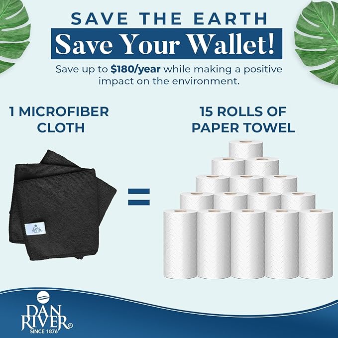 DAN RIVER 24-Pack Microfiber Towels – Ultra Absorbent, Lint-Free & Streak-Free Kitchen Rags Cleaning for Home, & Car - Must-Have Cleaning Essentials - 12" x 12" - Gray White Black