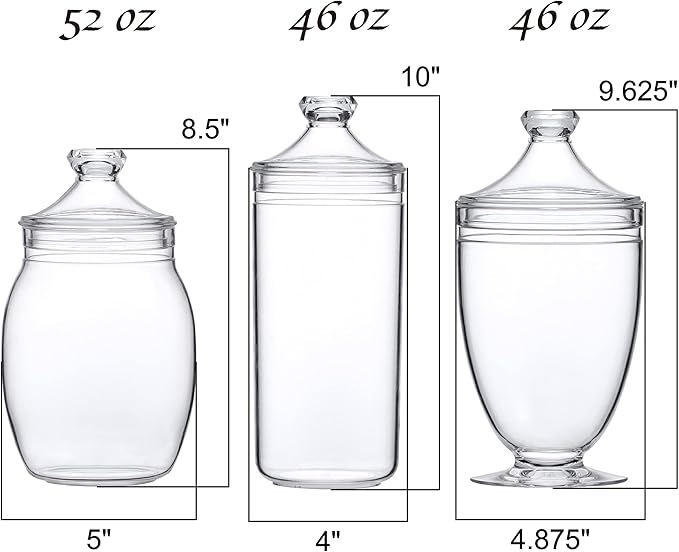 Amazing Abby - Adore - Plastic Apothecary Jars (3-Piece Set, 52/46/46 oz) (NOT Glass), Acrylic Jars with Lids, Bathroom Canisters, Candy Buffet, Wedding Display, BPA-Free and Shatter-Proof