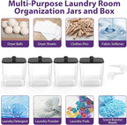 COAZEX 4 Pack Clear Laundry Pods Container, Plastic Square Laundry Room Organization and Storage Jars with Black Lids, Scoops & Labels for Detergent, Powder, Dryer Balls