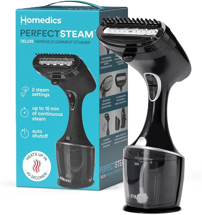 Homedics PerfectSteam Handheld Garment Steamer for Clothes, Sheets and Curtains - 1550 Watts Portable Garment Steamer, Fast Heat, Turbo Power, 15-Minute Continuous Steam, Built-In Crease Attachment