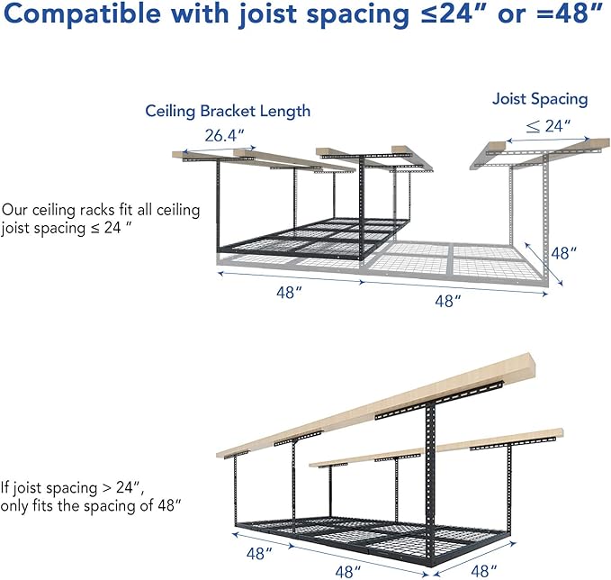 FLEXIMOUNTS 4x8 Overhead Garage Storage Rack, Adjustable Organization System, Heavy-Duty Metal Ceiling Racks, 600lbs Weight Capacity, Hammertone