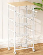 5-Tier Small Kitchen Storage Cart on Wheels with Pull-Out Drawers, Rolling Pantry and Snack Organizer Cart with Wood Top, Kitchen Floor Fruit Basket Stand for Fruit Potato Onion Veggie Snack