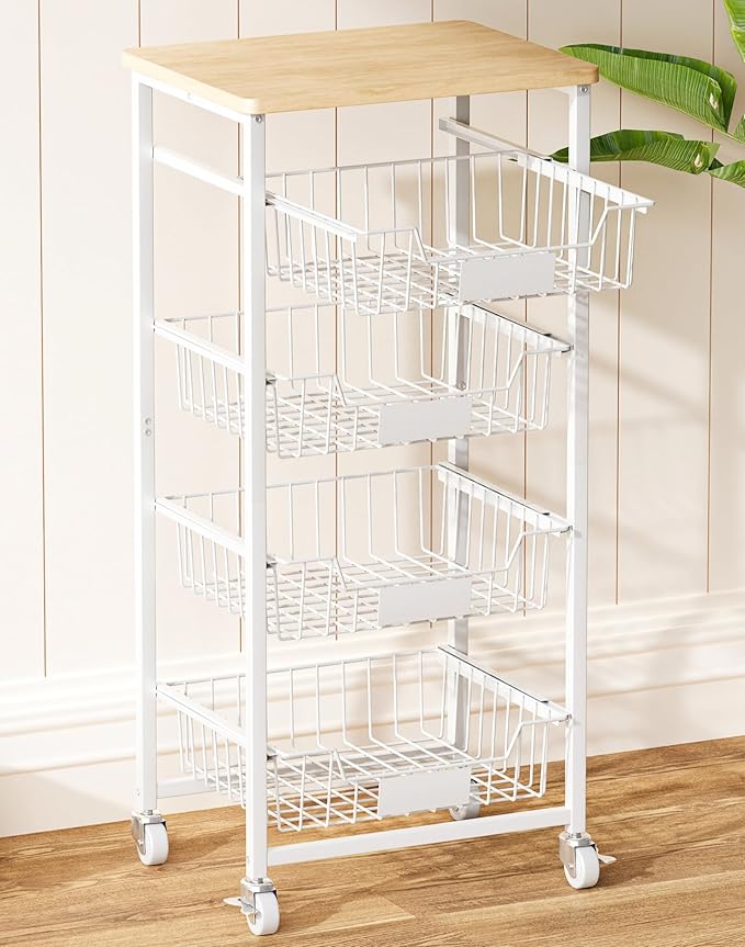 5-Tier Small Kitchen Storage Cart on Wheels with Pull-Out Drawers, Rolling Pantry and Snack Organizer Cart with Wood Top, Kitchen Floor Fruit Basket Stand for Fruit Potato Onion Veggie Snack