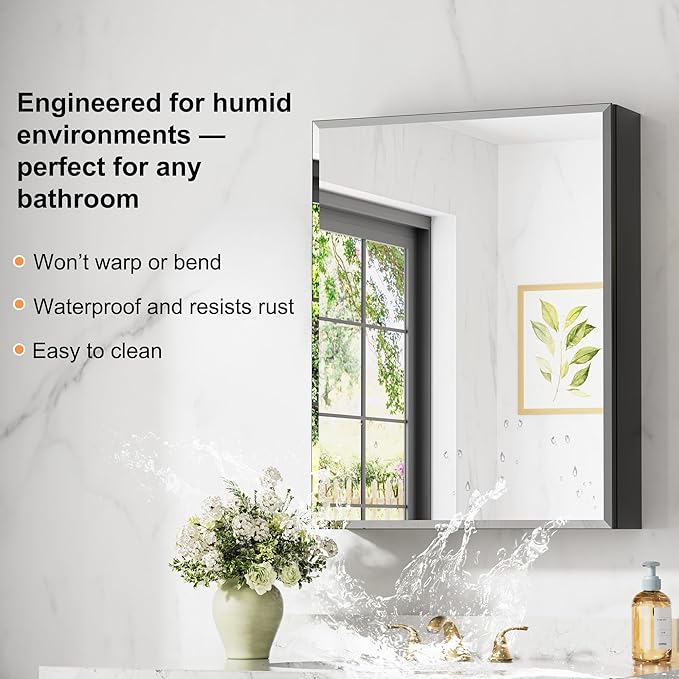 24x30 Inch Medicine Cabinet with Mirror, Aluminum Medicine Cabinet, Tempered Beveled Edge Mirror Single Door, Adjustable Shelves, Surface or Recessed Mount Bathroom Mirrors with Storage, Black