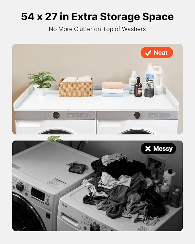VEVOR Washer Dryer Countertop with 3 Splicing Panels, 54" x 27" Wooden Washer and Dryer Countertop with 2 Hooks, Water-Resistant Laundry Topper for Laundry Room Organization and Storage, White