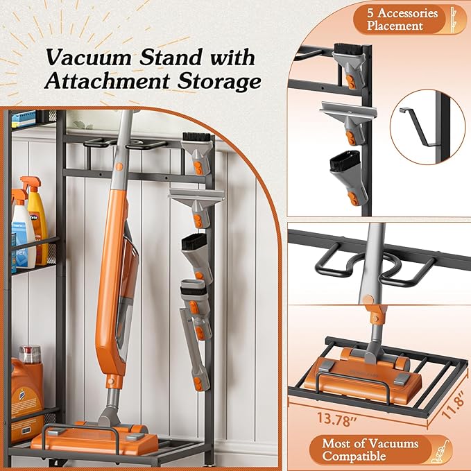 Broom Holder with Cleaning Supplies Organizer, Broom Closet Storage Cabinet with Cleaning Caddy Vacuum Stand, Cleaning Cart with Mop Hanger Gripper Rack Hook, Laundry Room Organization Home Essentials