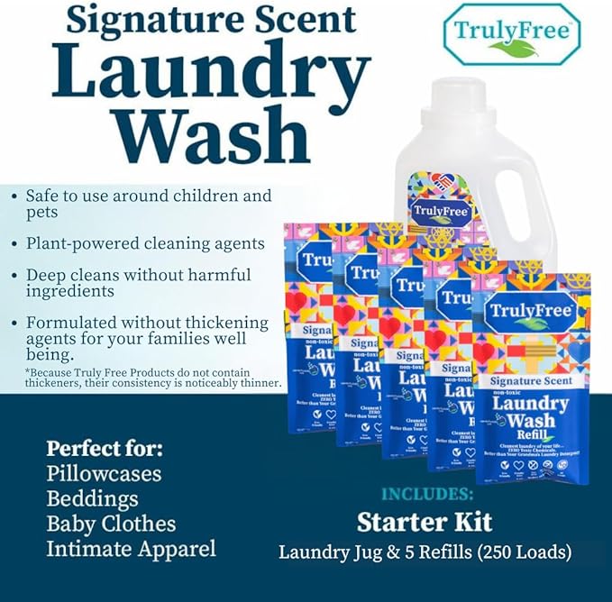 Natural Laundry Detergent for Sensitive Skin | Eco Friendly, Plant Based, Baby Clothes Safe | Clean & Easy Powder to Liquid, 5 Pack Detergent + 1 Refillable Jug | Signature Scent 250 Loads