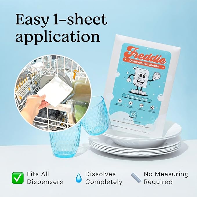 Freddie Dishwasher Sheets Fragrance Free - Space-Saving Alternative to Liquid Detergent - 180 Loads (3 Pack) Concentrated Plastic Jug Free Strips