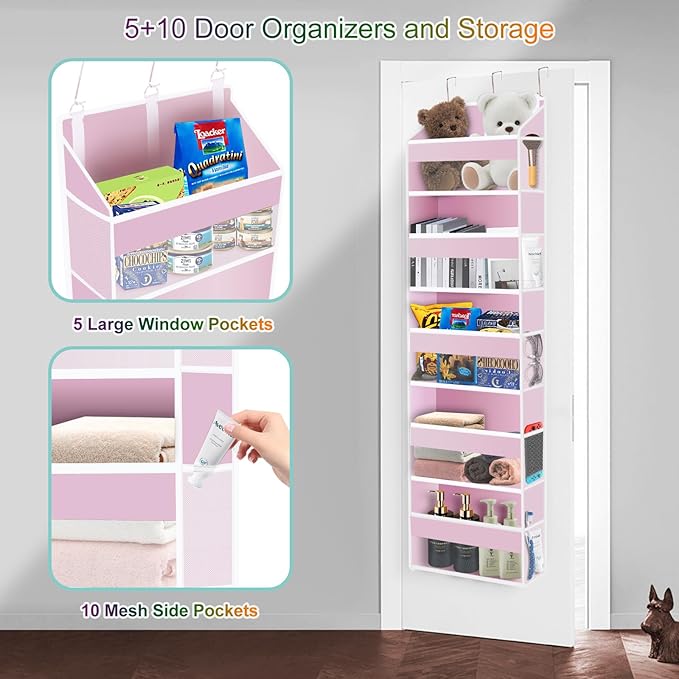 Over the Door Organizer Closet,5 Bins 10 Side Pockets,Hanging Door Organizer,Anti Tilt 44 lbs Load Organizers and Storage with Clear Window for Bedroom,Nursery,Rv,Bathroom,Camper(Pink)