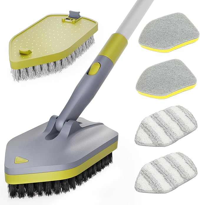 4 in 1Tile Tub Scrubber Brush | 62.2" Extendable Long Handle-Shower Cleaning Brush No Scratch Shower Scrubber for Cleaning Bathroom Kitchen Toilet Wall,Bathtub,Sink,Grey