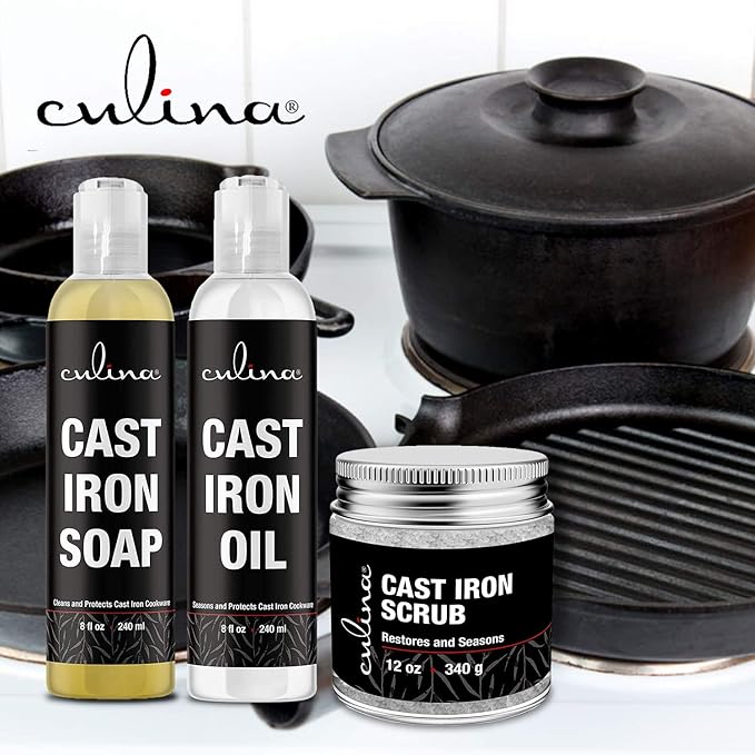 Culina Supreme Cast Iron Care Set: Restoring Scrub, Cleaning Soap & Conditioning Oil | Best for Cleaning Care, Washing & Restoring | 100% Plant-Based | for Cast Iron Cookware, Skillets, Pans & Grills!