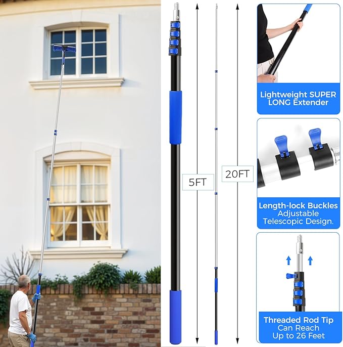 26 Feet High Reach Ceiling Fan Cleaner Duster, Window Washing Kit with Extension Pole, Aluminum 5-20 FT Telescopic Window Cleaning Squeegee Kit for Indoor Outdoor Use (Rotatable Head)