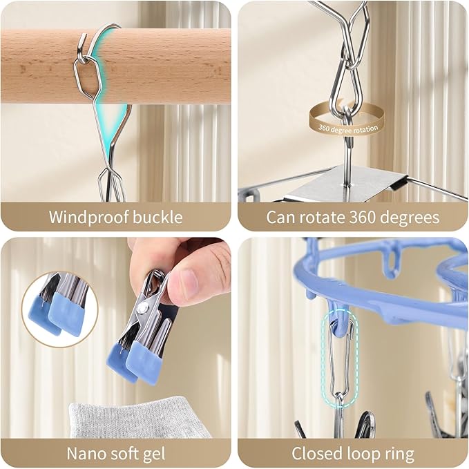 Drying Rack Clothing With 24 Clips， Clothes Hanger Sock Underwear Laundry Hangers Hanging Herb Dryer Ropa Socks Stainless Steel Bras Wet Racks Secar Flower Baby Lingerie Portatil Secador Colgar