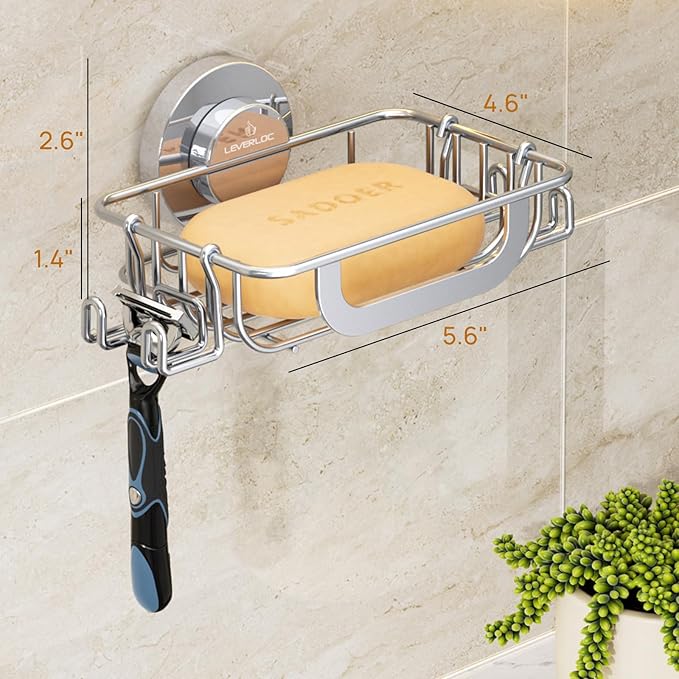 LEVERLOC Soap Holder Dish with Hooks for Shower, Bar Suction Cup Soap Tray Wall Mounted, Rustproof Stainless Steel No-Drilling Sponge Holder Caddy for Bathroom Bathtub Kitchen Sink, Silver