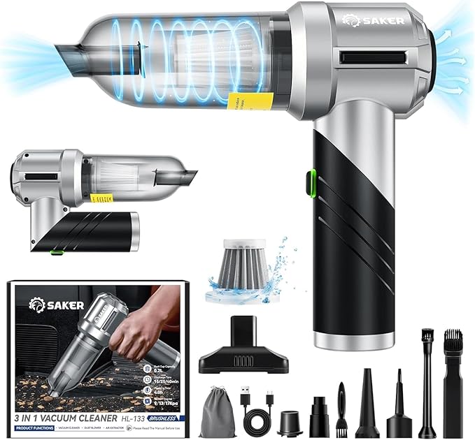 Saker Portable Handheld Vacuum Cordless Portable 17000PA Foldable Car Vacuum Cleaner Mini Dust Blower with Brushless Motor for Office Pet and Home Cleaning HL133