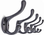 Ambipolar 5 Pack Decorative Cast Iron Heavy Duty Double Hooks, Wall Mounted Coat Hooks, Vintage Inspired (Antique Black) (Cornish Hook)