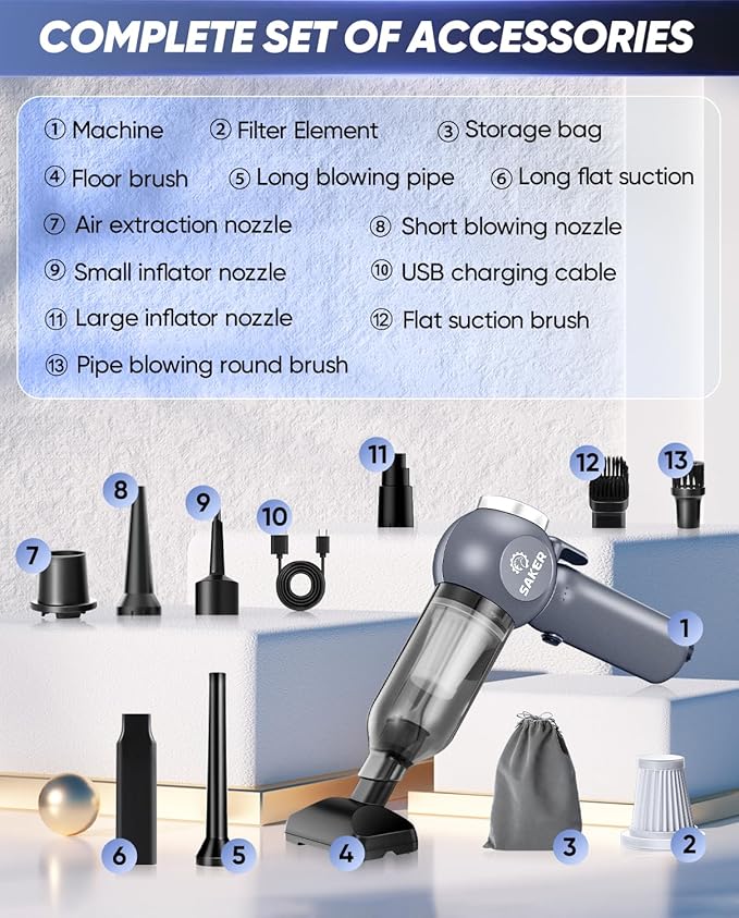 Saker 6 in 1 Car Vacuum Cleaner, 20000PA Handheld Vacuum Cordless Rechargeable 7800mAH with Type-C Reverse Charging, Window Breaker and Seatbelt Cutter for Car,Office and Home Cleaning,SW102 Blue Gray