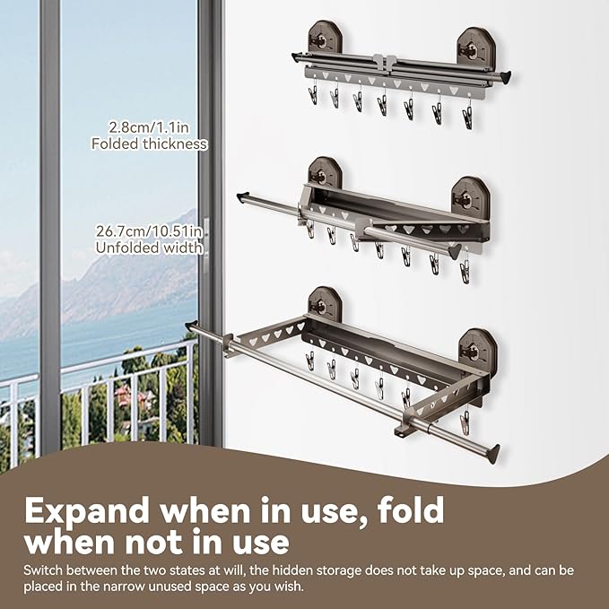 Extendable Clothing Dryer Rack, Invisible Folding Storage, Wall Mounted Drying Rack, Strong Suction Power, for Bed Linen, Clothing, Foldable Bathroom Wall Shelf (Curry Grey)