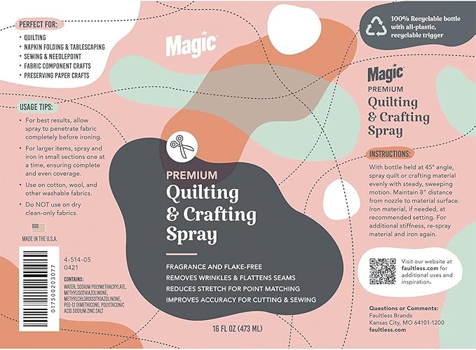 MAGIC Premium Quilting & Crafting Spray Bottle – Fabric Spray for Cutting, Creasing, & Sewing – Best Press Spray Starch for Quilting to Flatten Seams & Wrinkles – Wrinkle Spray (16oz Trigger) 3 Pack