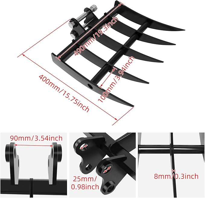 Mini Excavator Attachment Rake，Small Diggers Metal Backhoe Rake，3.54" Span, 0.98" Pin Hole，Includes 2 Link Pins，Fit for Mini Excavator