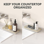 Bathroom Tray for Counter Top Organizer – Oak Wood Vanity Tray with Metal Frame for Dresser, Kitchen, Nightstand – Gold & White Decorative Storage