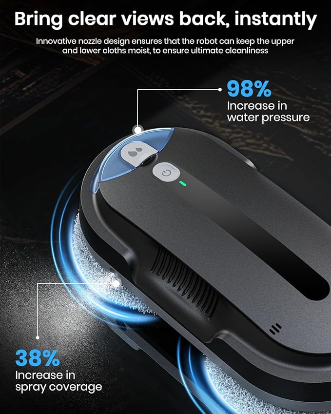 BNZ Smart Window Cleaning Robot, Twin Turbo & Dual Auto-Spray Window Cleaner with Multiple Safety System, AI Path Planning, Frameless Edge Detection, K1, Matt Black