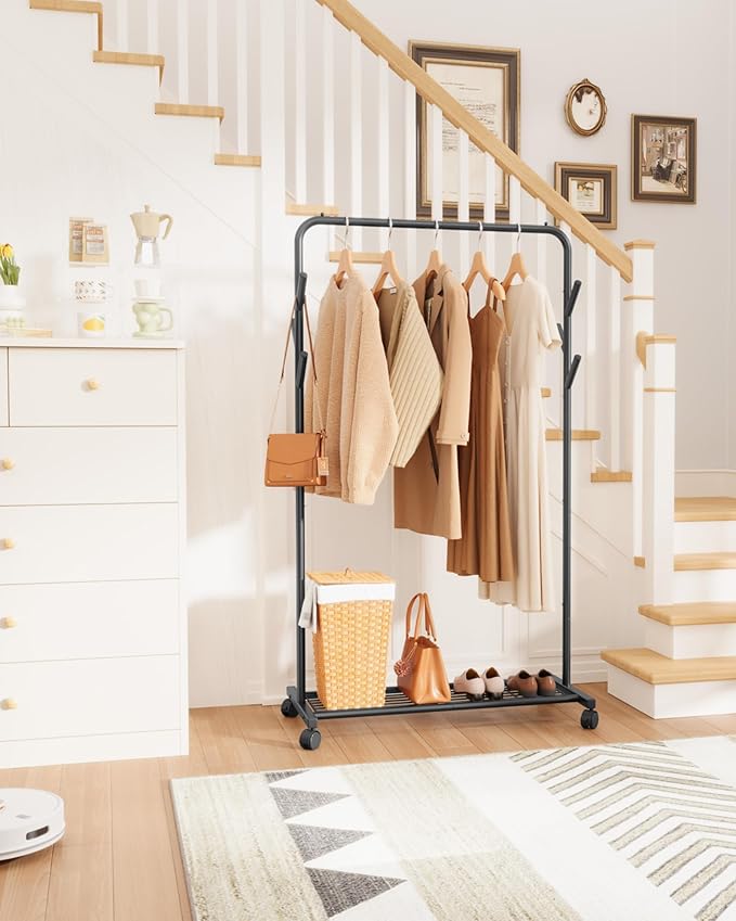 Sakugi Clothes Rack - Metal Coat Rack with Bottom Shelf, Portable Wardrobe Rack with 6 Side Rods, Rolling Clothing Rack for Hanging Clothes for Bedroom or Laundry Room (Black, 28.7 x 17 x 59.4)