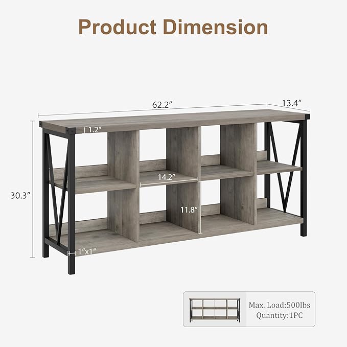 GarveeHome 8 Cube Storage Organizer Bookshelf, 3 Tier Metal Horizontal Bookcase, 62 Inch Console Bookshelf, Industrial Storage Bookcase for Entryway, Long Low Bookshelves for Living Room-Grey