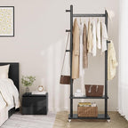 Coat Rack Freestanding Clothing Rack with Wheels & 2 Shelves Storage & 5 Hooks Heavy Duty Clothes Rack Wood Coat Tree Stand Hat Hanger Rack for Corner Bedroom Entryway Living Room Hotel Size L