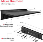 Heavy-Duty Garage Wall Storage System | Wall Mounted Tool Organizer Rack with Shelving | 10-Piece Mounting Kit | Includes 4x10” Double-Layered Hooks & 2x16.5” Floating Utility Shelves