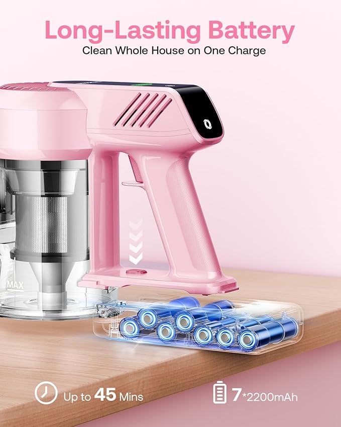 Cordless Vacuum Cleaner, 40Kpa 45Mins Vacuum Cleaners for Home, 8-in-1 Lightweight Stick Vacuum with Powerful Suction, Anti-tangle Wireless Vacuum for Carpet, Tile, Pet Hair, Hardwood Floors, Pink